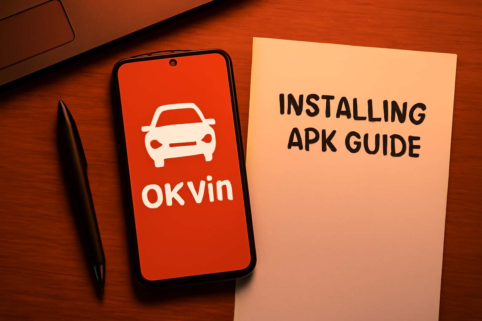 An informational scene showcasing the installation process of Ok Vin APK.